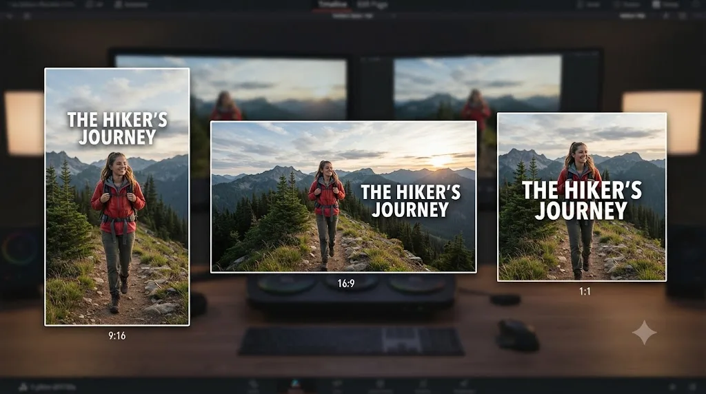 Illustration of a title repositioned for 16:9, 9:16, and 1:1 video aspect ratios
