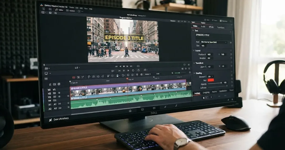 Illustration of an animated title card being built over a video timeline in DaVinci Resolve