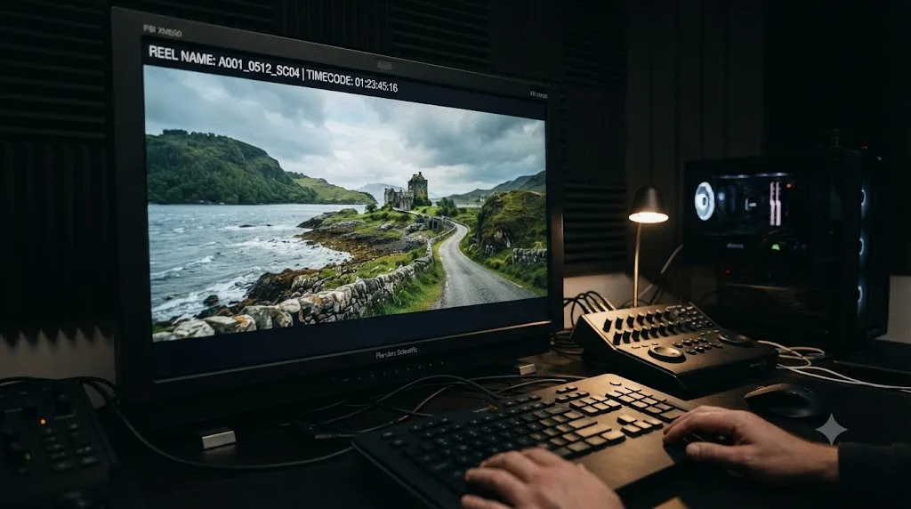 Illustration of a DaVinci Resolve review copy with timecode and reel name burned into the frame corner using Data Burn-In