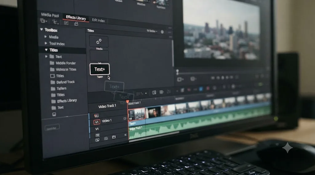 Illustration of the DaVinci Resolve Effects Library open to the Titles toolbox with Text+ selected