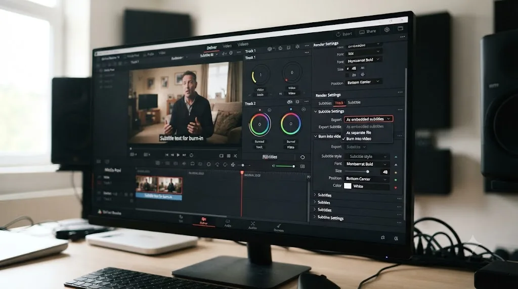 Illustration of the DaVinci Resolve Deliver page subtitle export settings, choosing burn-in versus separate SRT file