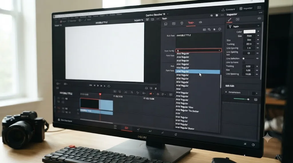 Illustration of diagnosing an invisible Text+ title by swapping fonts in the DaVinci Resolve Inspector