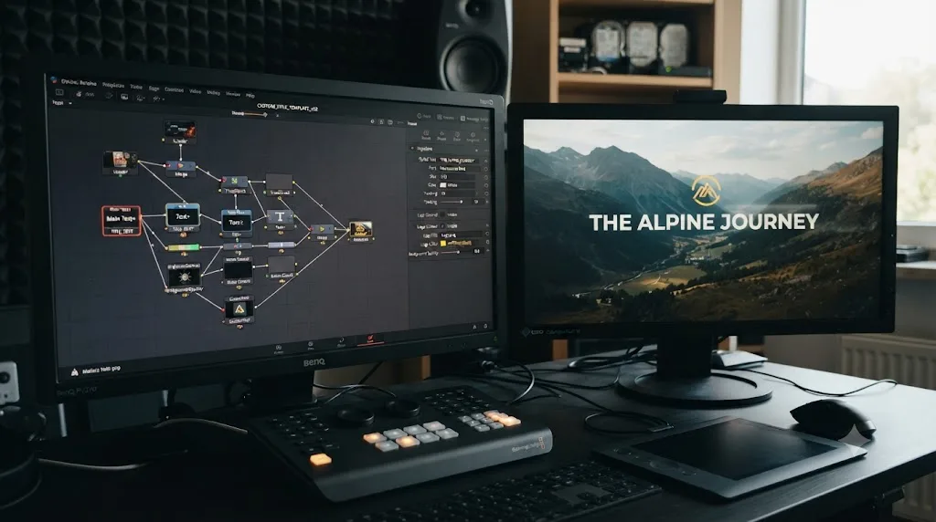 Illustration of a Fusion node tree for a reusable custom title template in DaVinci Resolve