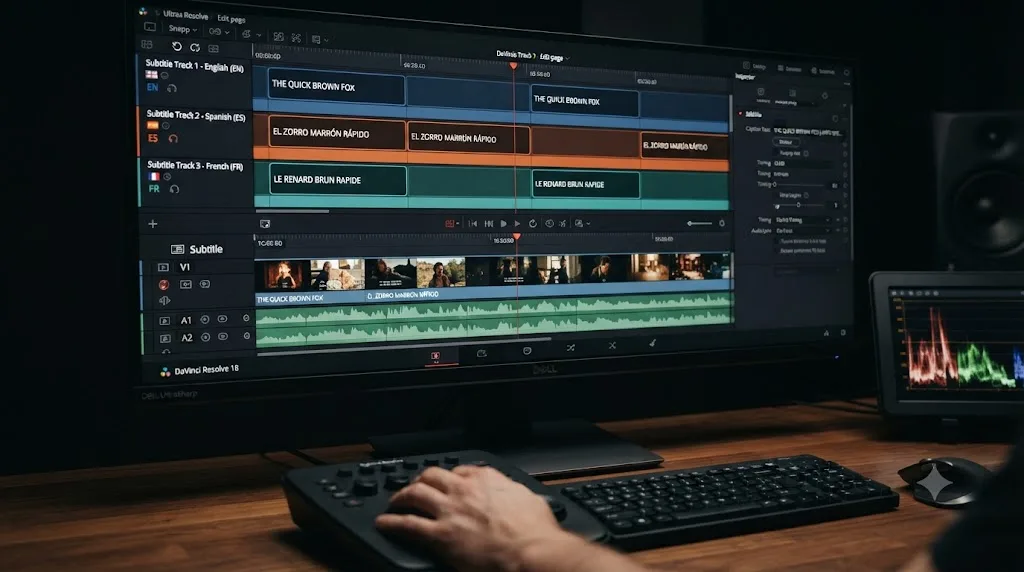 Illustration of three stacked subtitle tracks in DaVinci Resolve, each for a different language