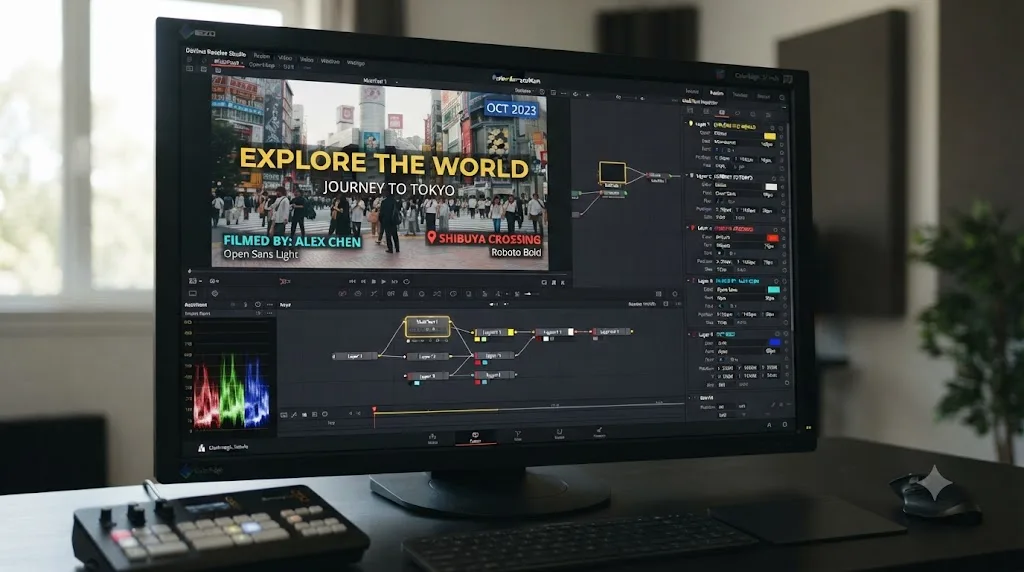 Illustration of the DaVinci Resolve MultiText tool managing several text layers in one composition