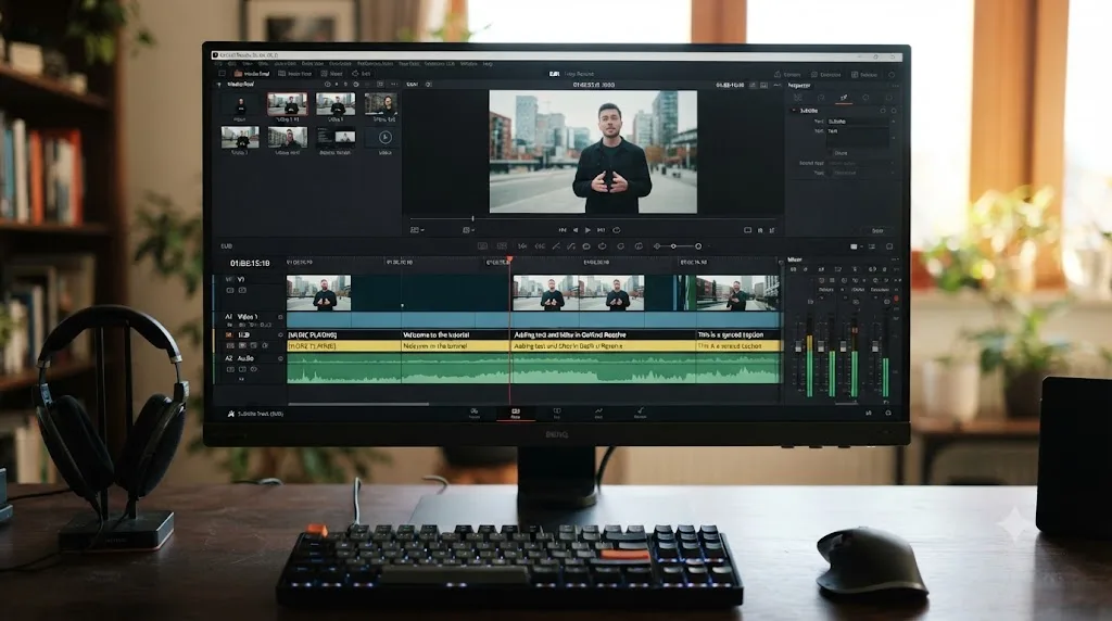 Illustration of a DaVinci Resolve timeline with a subtitle track synced below the video track
