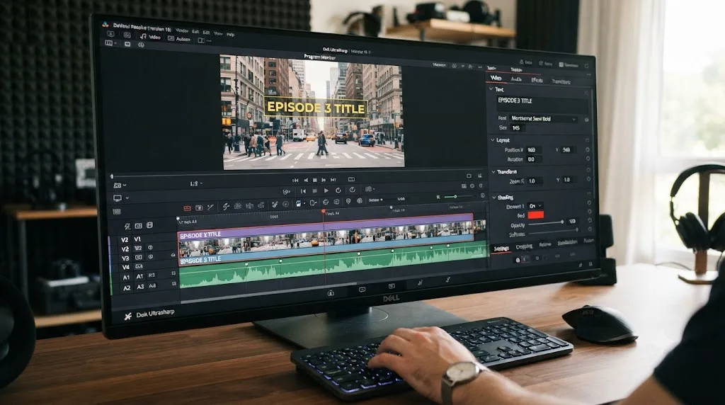 Illustration of a Text+ title clip on a DaVinci Resolve timeline with the Inspector panel open
