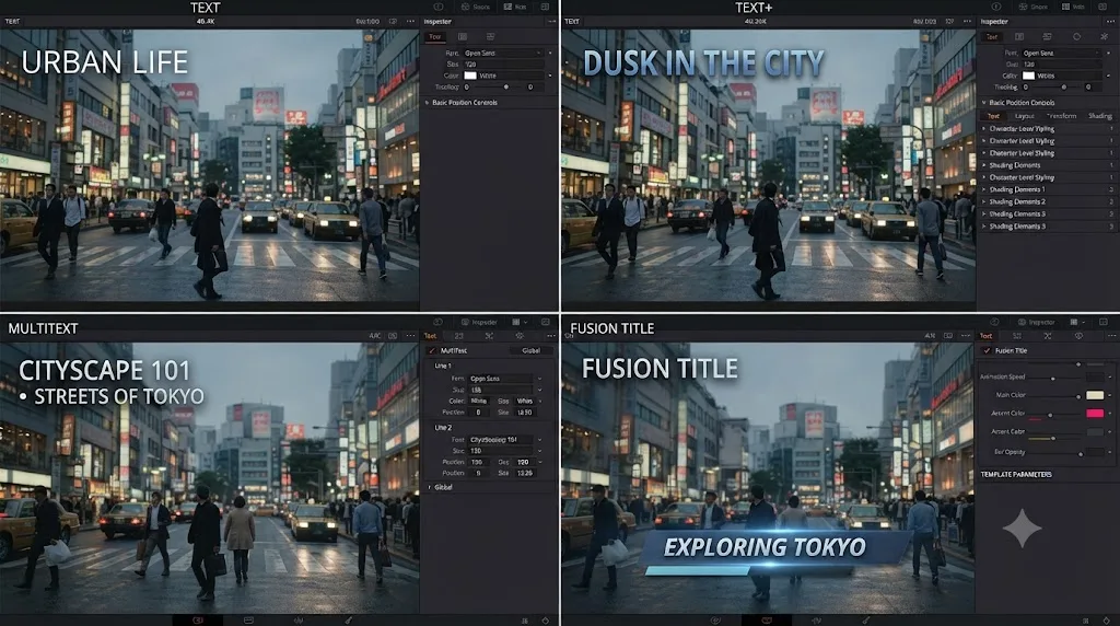 Illustration comparing Text, Text+, MultiText, and Fusion Title tools side by side on a video frame