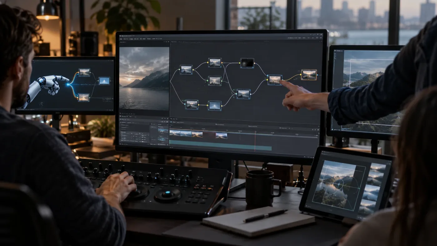 Illustration of four AI assistant roles around a Fusion node graph