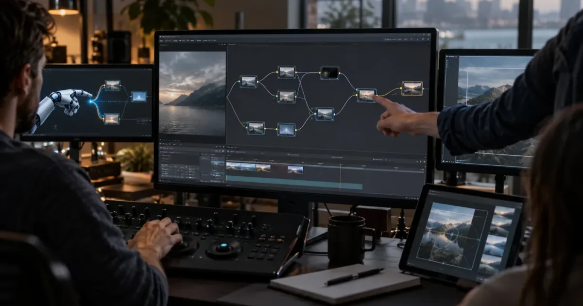 Illustration of an AI assistant guiding a Fusion node graph in DaVinci Resolve