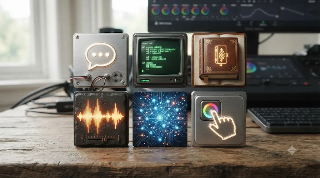 Illustration of six icons representing different categories of AI tools for learning software
