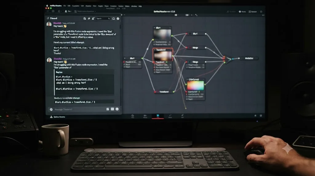 Illustration of a chat window with a Fusion node expression question overlaid on a DaVinci Resolve node graph