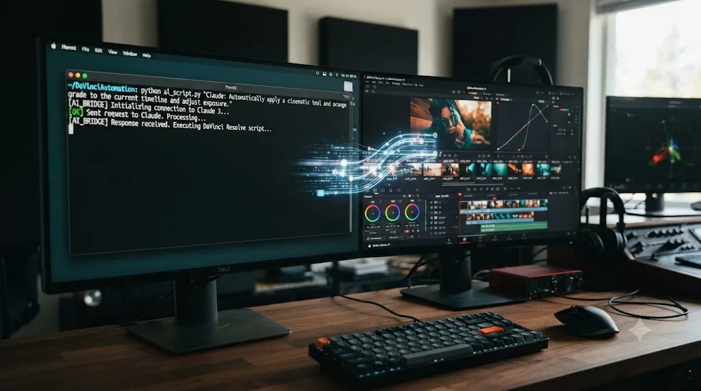 Illustration of a terminal command connecting Claude to a DaVinci Resolve project through a scripting bridge