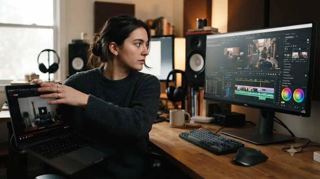 Illustration of a person closing a tutorial video and turning toward their own open editing project