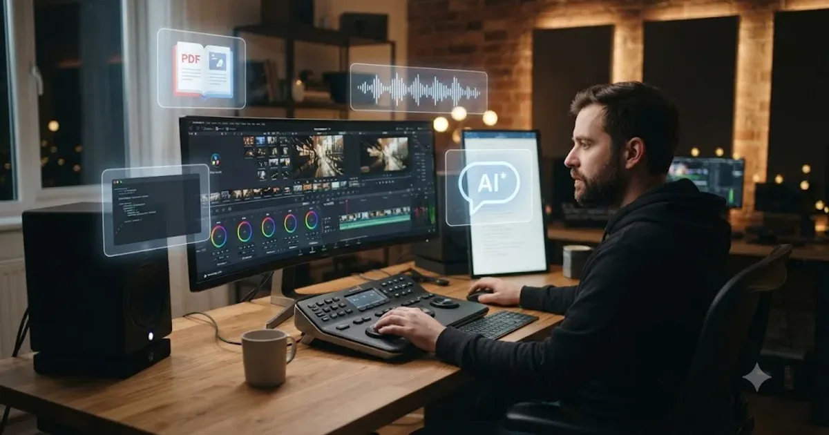 Illustration of a person editing in DaVinci Resolve surrounded by floating icons representing different AI tools