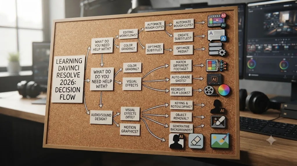 Illustration of a decision flowchart branching toward different AI tools based on the type of problem