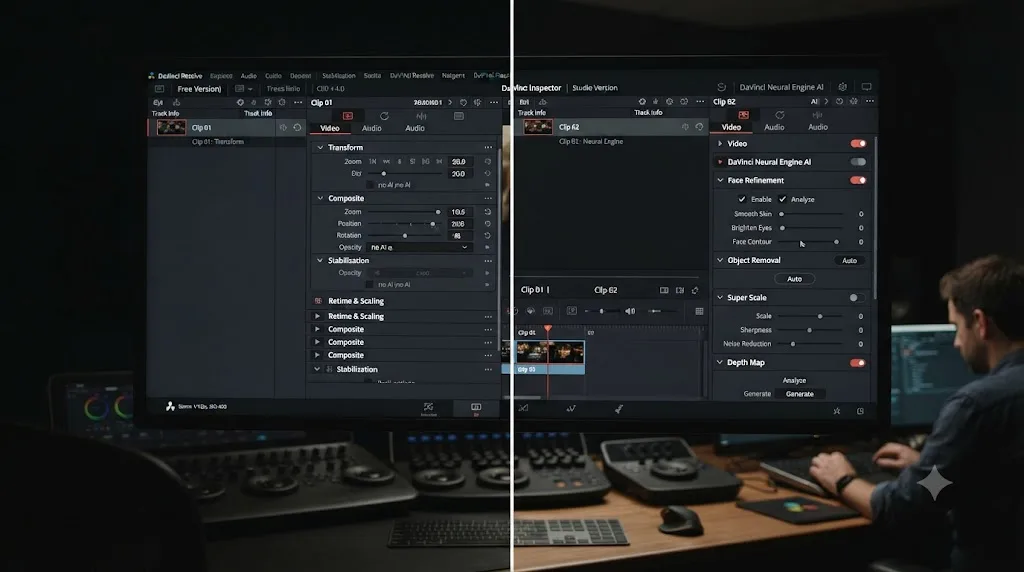 Illustration comparing a free version DaVinci Resolve Inspector panel with a Studio version showing extra AI controls