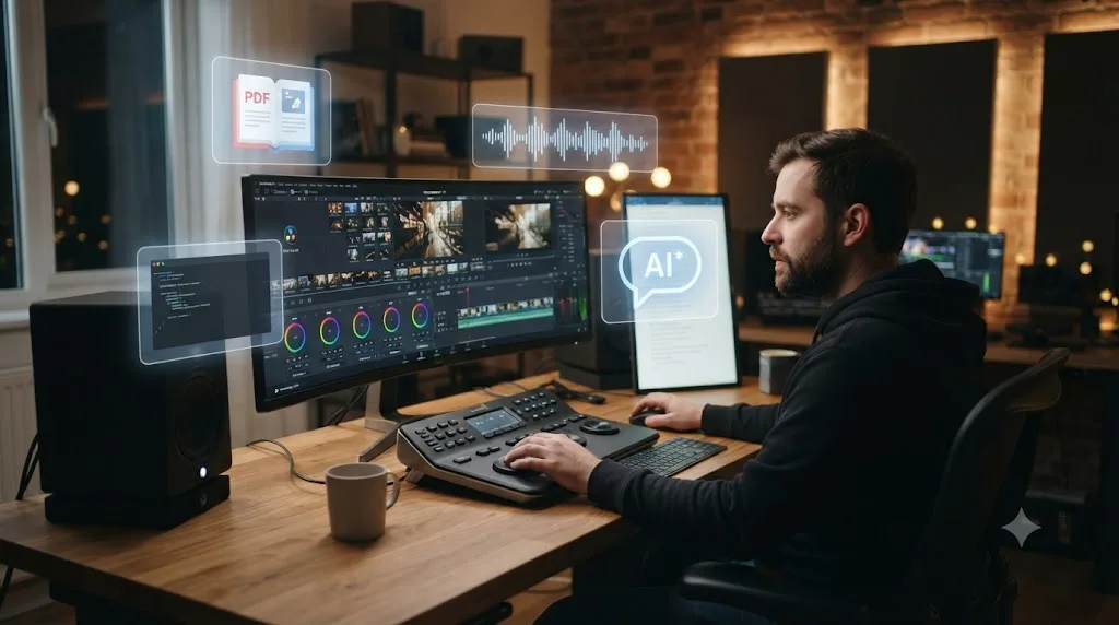 Illustration of a person editing in DaVinci Resolve surrounded by floating icons representing different AI tools