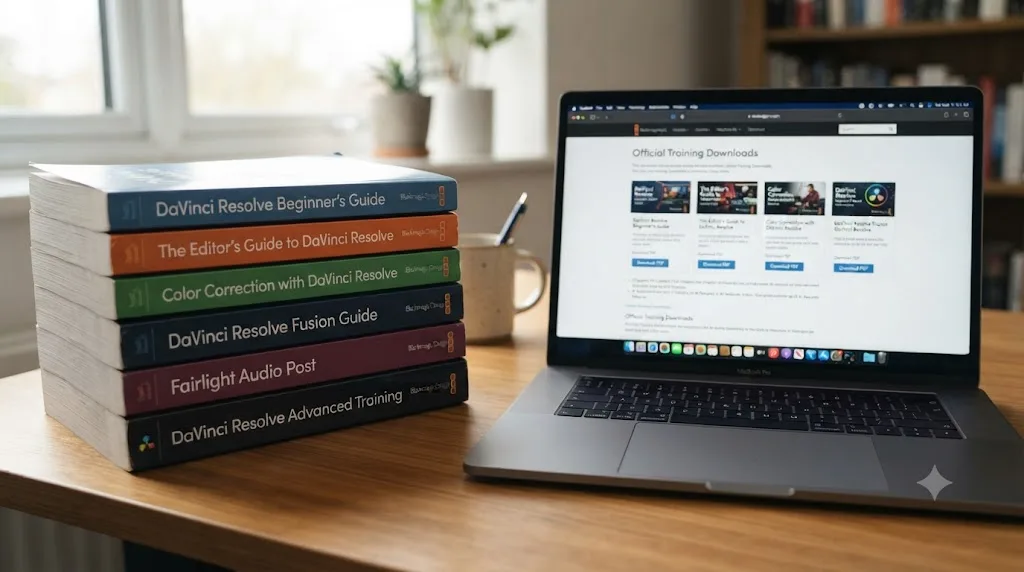 Illustration of a stack of official DaVinci Resolve training books next to a laptop displaying a PDF download page