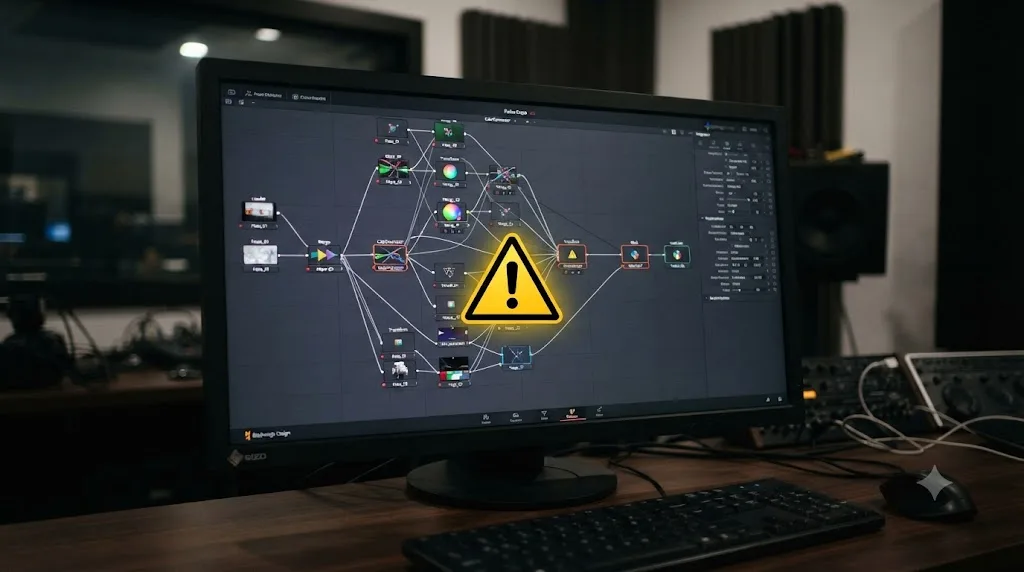 Illustration of a warning symbol over a Fusion node graph representing an incorrect AI suggestion