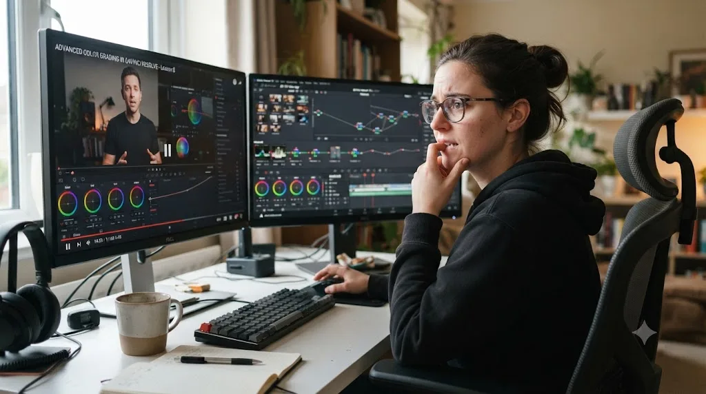 Illustration of a person looking between a tutorial video and their own project, stuck on which control to click
