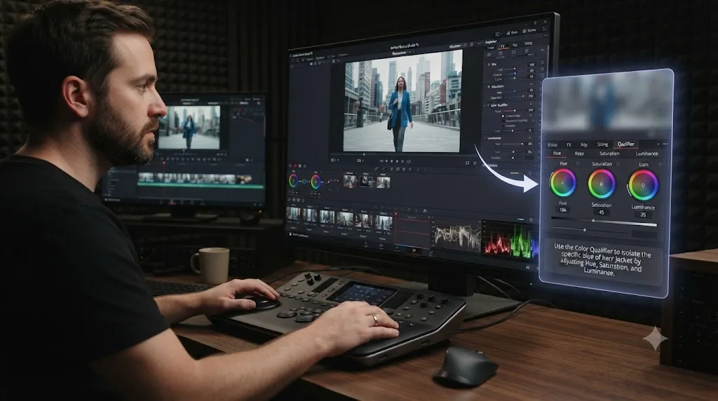 Illustration of an AI tutor overlay pointing at a color qualifier control inside DaVinci Resolve