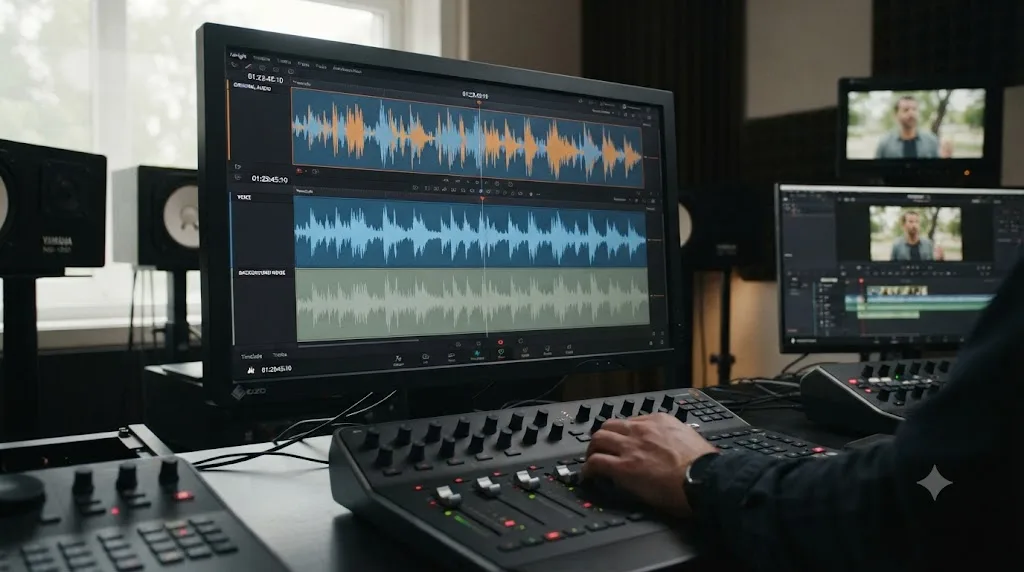 Illustration of an audio waveform being separated into a voice track and a background noise track