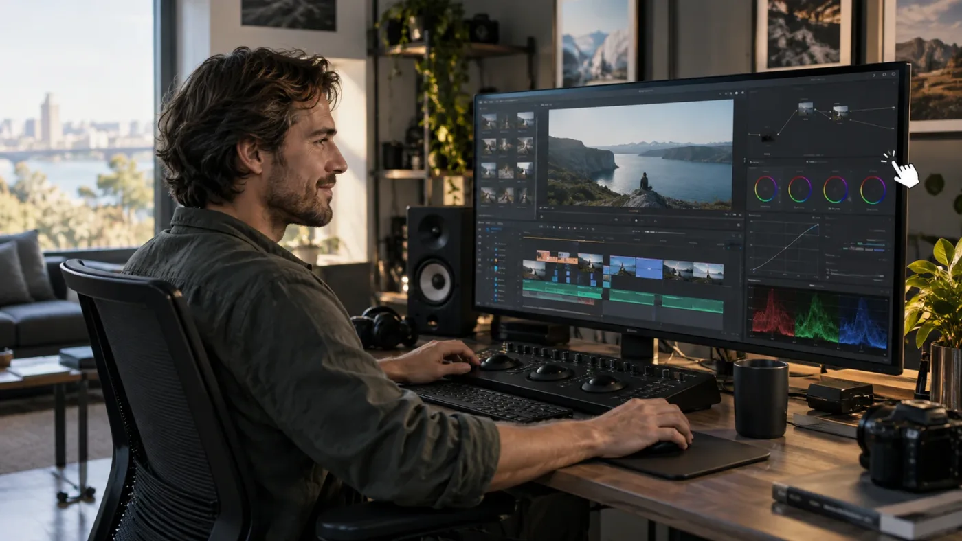Illustration of an editor using guided help while working in DaVinci Resolve