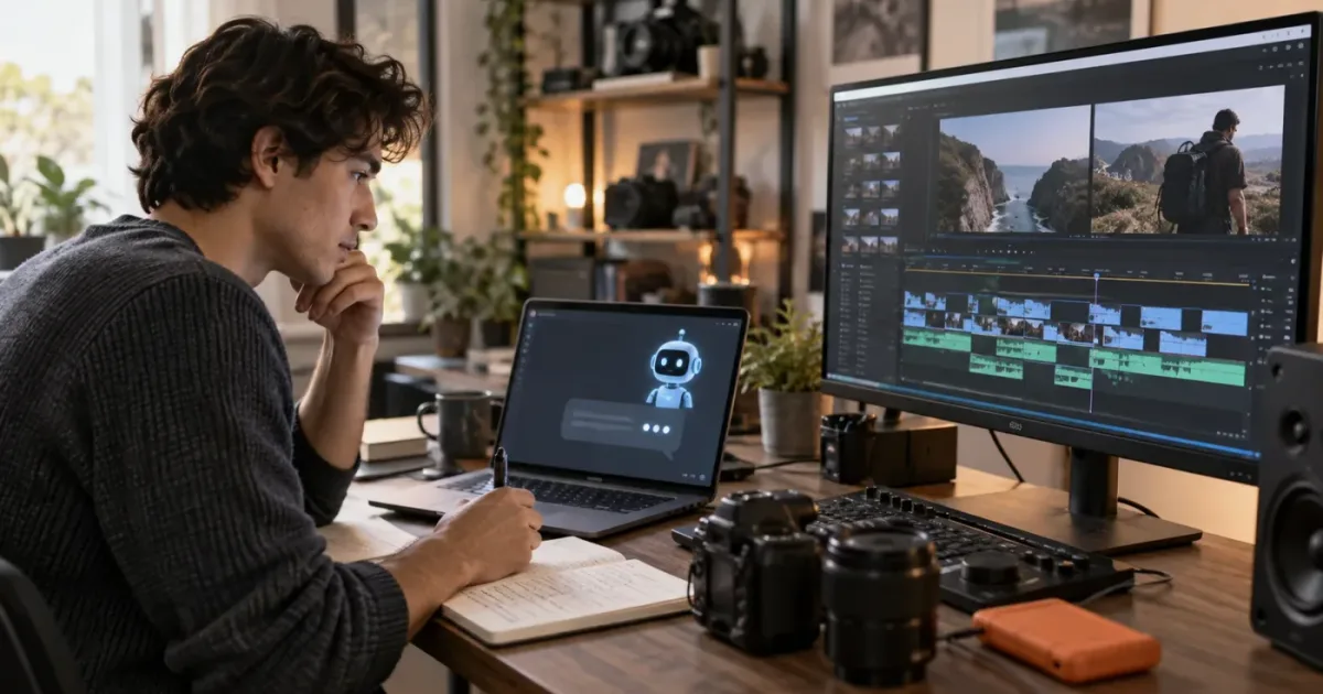 Illustration of an AI tutor and AI editor helping with a DaVinci Resolve project