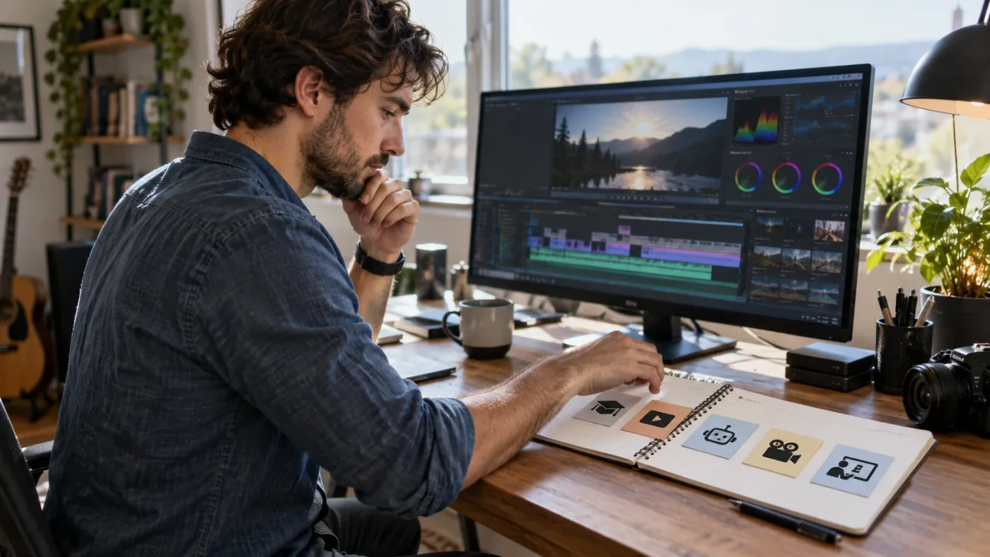 Illustration of choosing between DaVinci Resolve learning and editing assistance