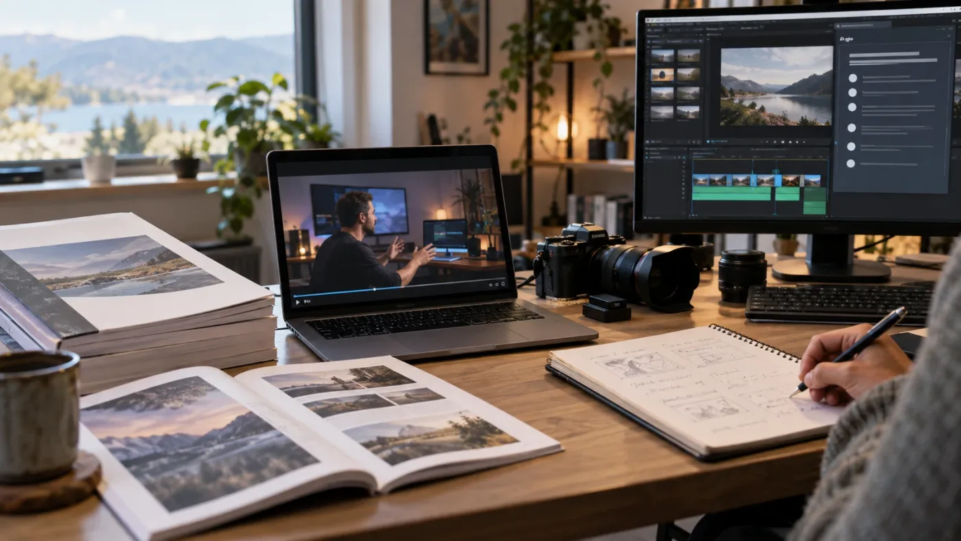 Illustration of a layered DaVinci Resolve learning path with practice and contextual help