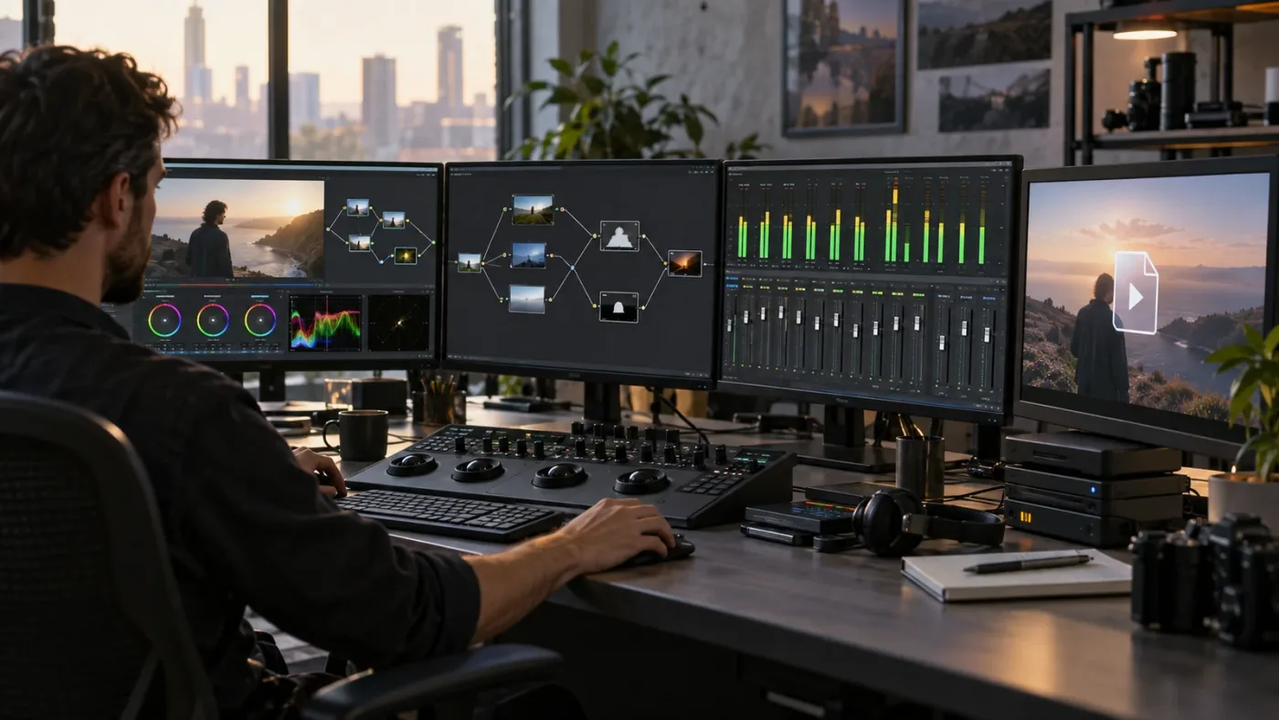 Illustration of AI help across DaVinci Resolve color Fusion Fairlight and delivery workflows