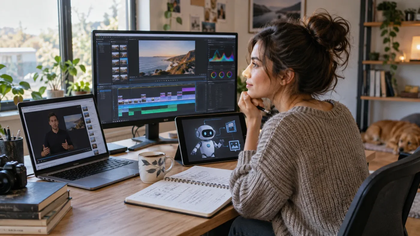 Illustration of a beginner comparing DaVinci Resolve learning assistants