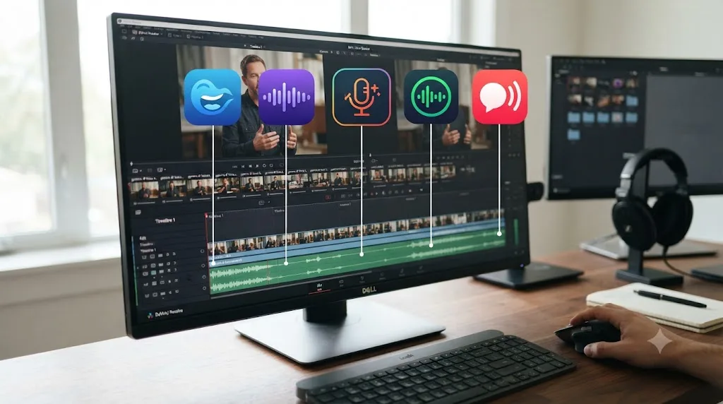 Illustration of five AI voice generator icons connected to a shared DaVinci Resolve timeline