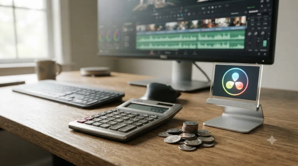 Illustration of a calculator and coins next to a DaVinci Resolve icon representing the cost of an AI voice generator