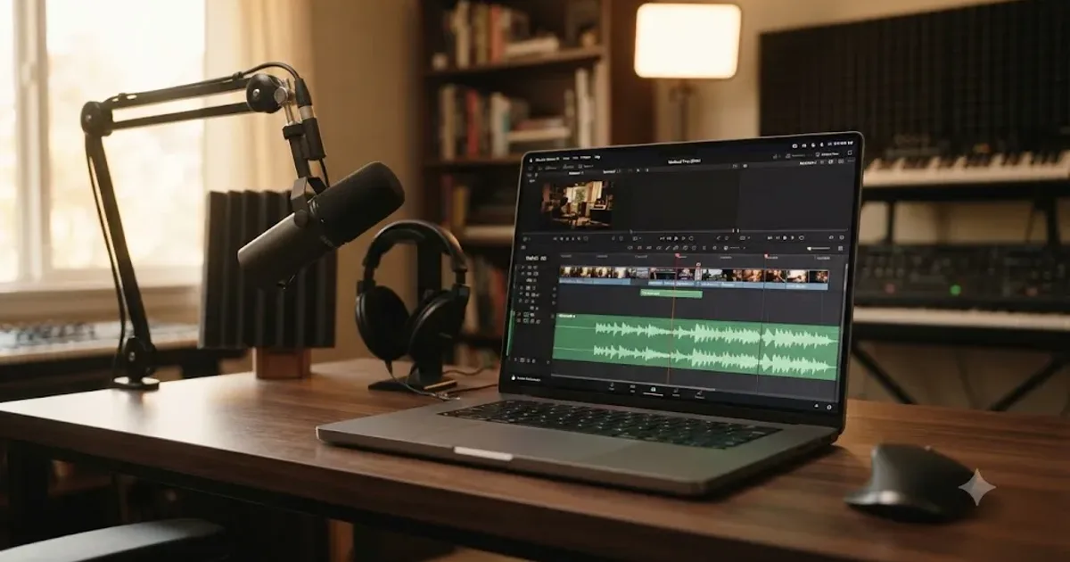 Illustration of a microphone standing beside a DaVinci Resolve timeline with a waveform, representing an AI-generated voiceover being added to a video project