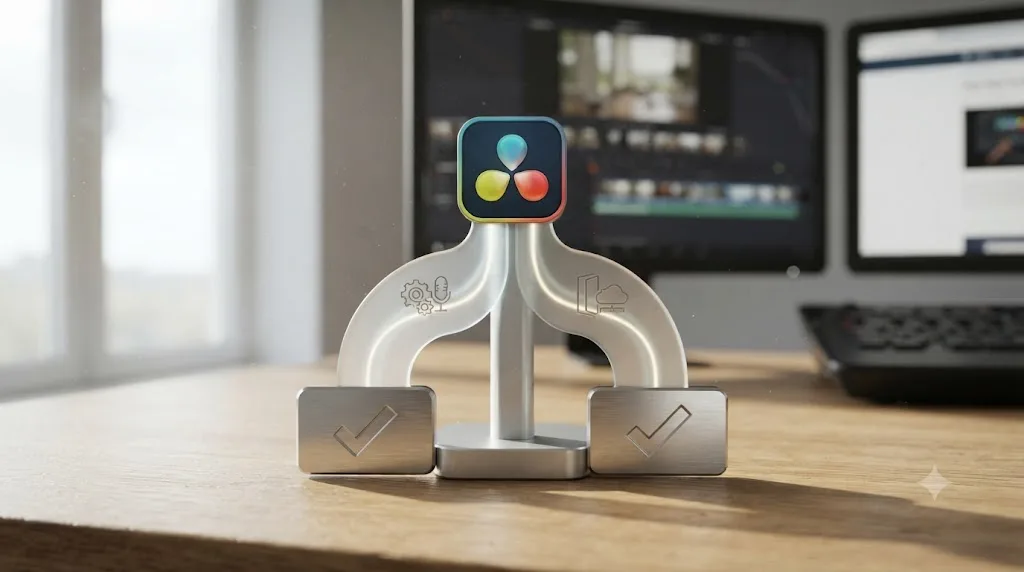 Illustration of a decision tree branching between DaVinci Resolve's built-in voice generator and an external AI voice tool