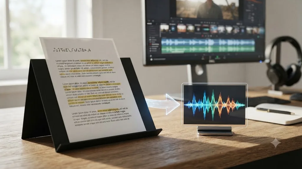 Illustration of a text transcript being converted into a generated voice waveform