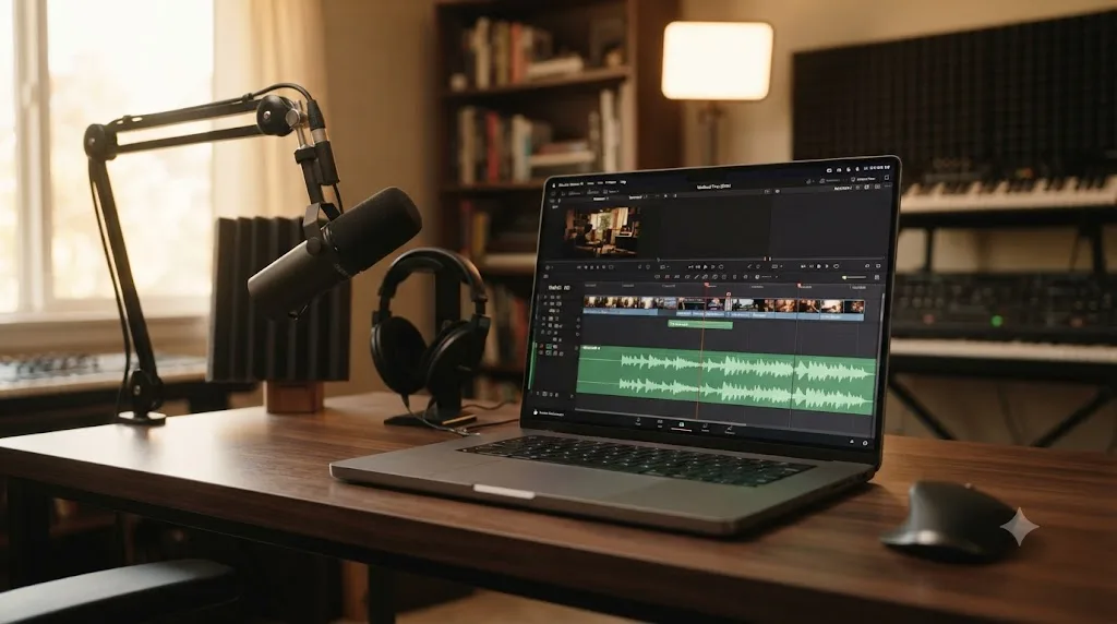 Illustration of a microphone standing beside a DaVinci Resolve timeline with a waveform representing an AI-generated voiceover