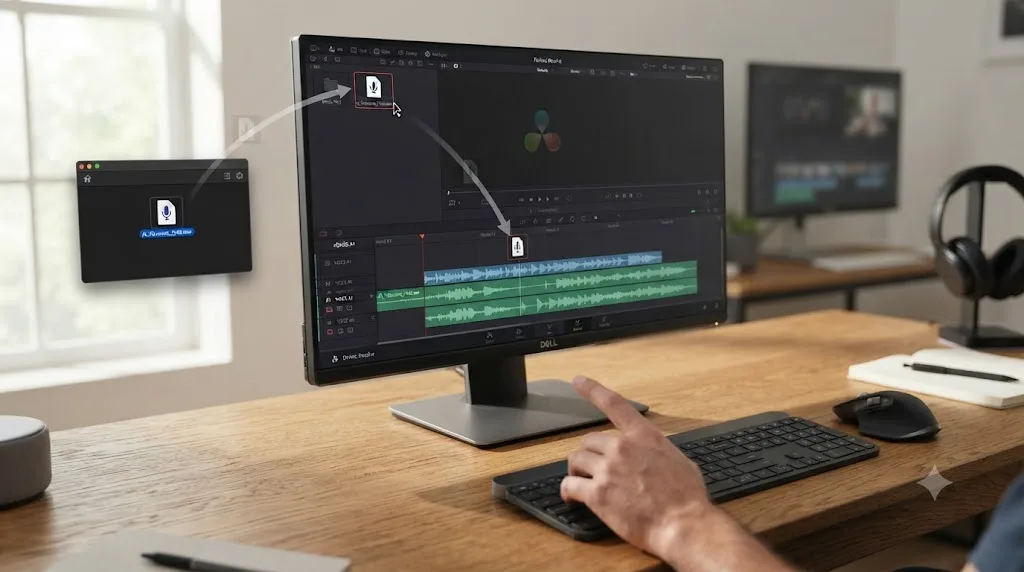 Illustration of an audio file moving from an external app into DaVinci Resolve's Media Pool and Fairlight timeline