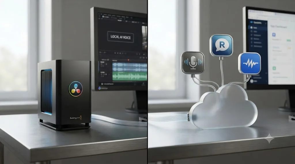 Illustration comparing a local DaVinci Resolve voice generator against several cloud-based external voice generator apps