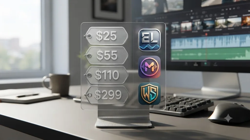 Illustration of four pricing tags representing different AI voice generator subscription tiers