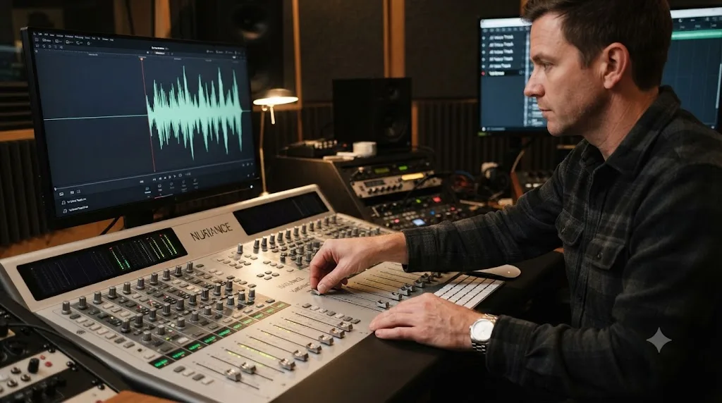 Illustration of a slider being adjusted on a mixing panel to make a generated voice sound less robotic