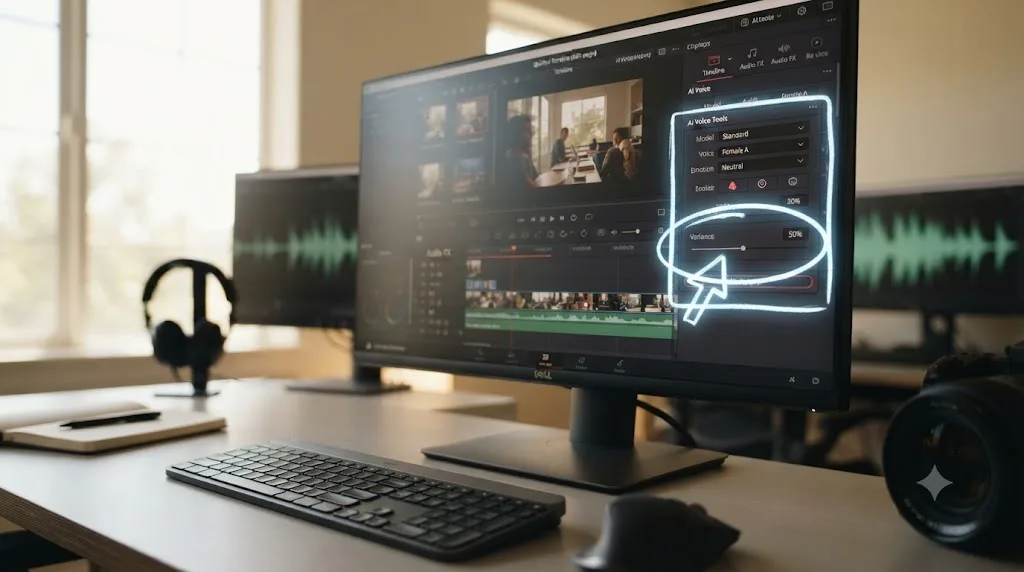 Illustration of a glowing box pointing at a control inside DaVinci Resolve's AI Tools panel, representing an on-screen assistant