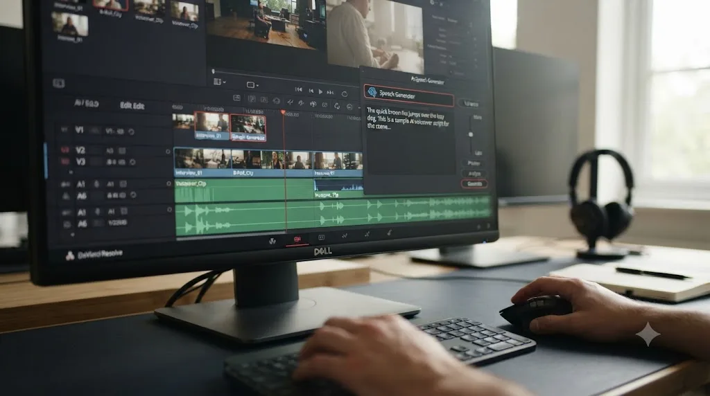 Illustration of DaVinci Resolve's AI Tools menu showing a Speech Generator option with a text box and variance slider