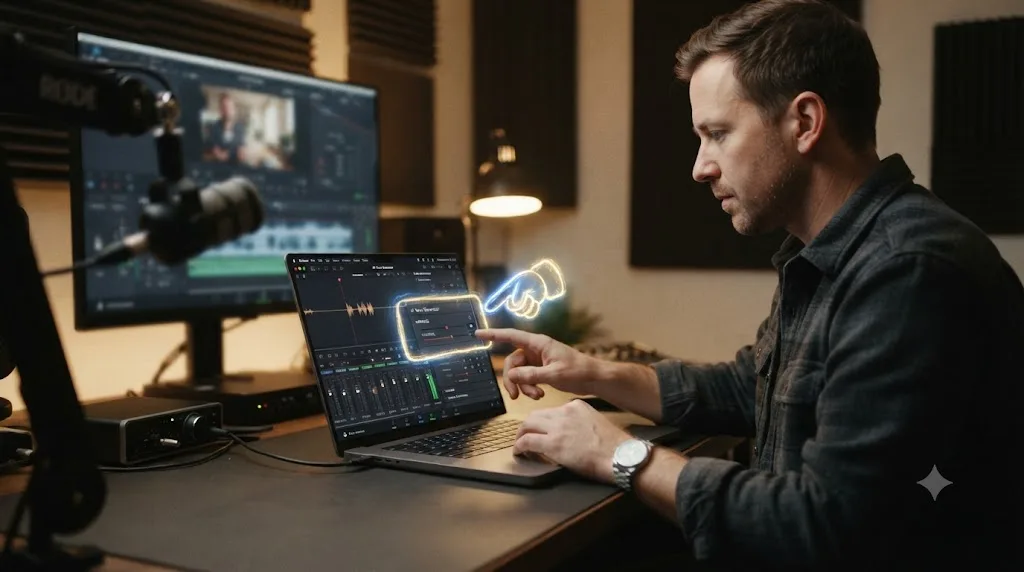 Illustration of a glowing box pointing at a control inside a DaVinci Resolve panel, representing an on-screen assistant