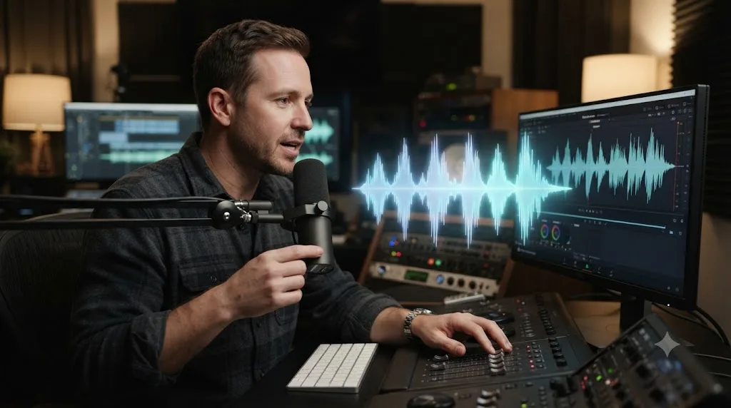 Illustration of a person speaking into a microphone with a digital clone of their own voice appearing beside them