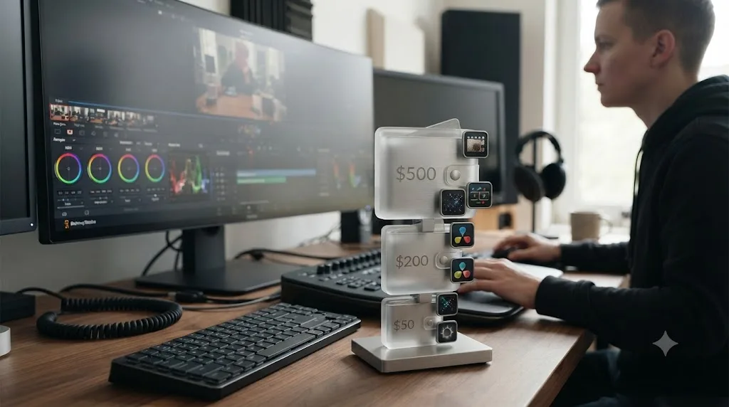 Illustration of three ascending budget tiers for buying DaVinci Resolve plugins as a beginner