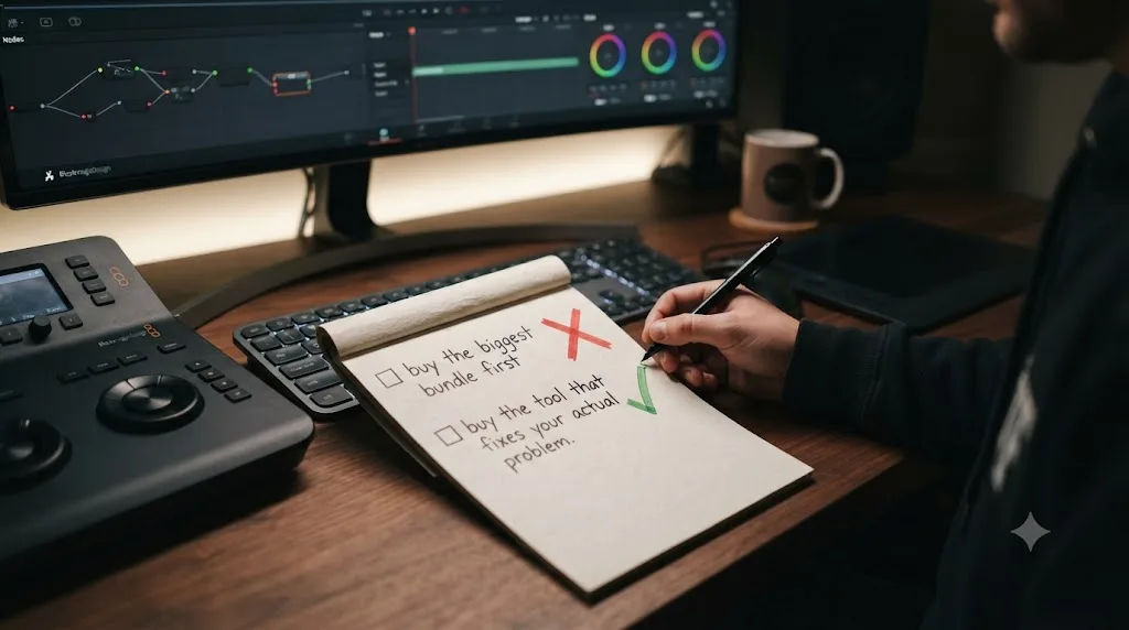 Illustration of a checklist showing common mistakes beginners make when buying DaVinci Resolve plugins