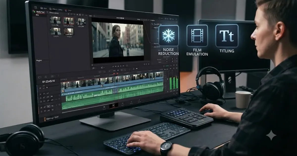 Illustration of a DaVinci Resolve timeline surrounded by labeled plugin icons for noise reduction, film emulation, and titling